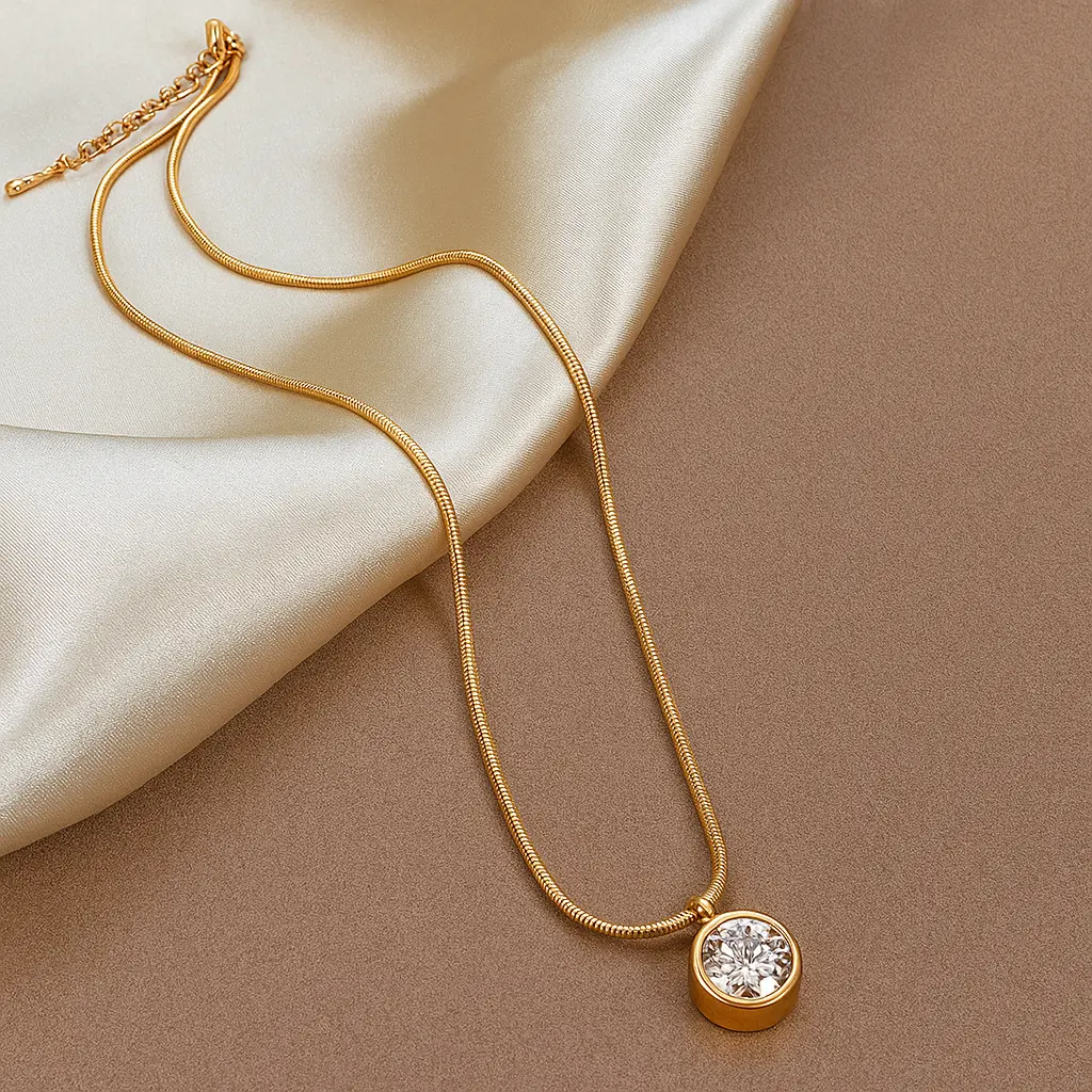 Features a sparkling American Diamond at the center of a sleek round pendant